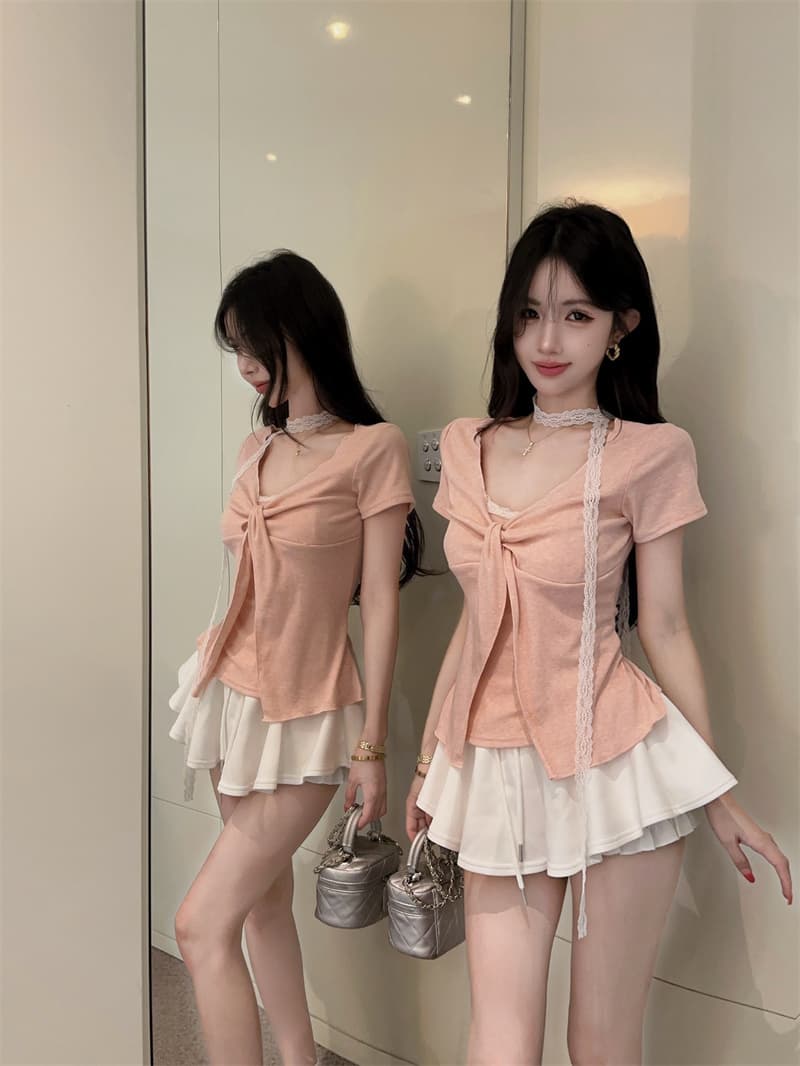 있음 보호 여름 켜기 새로운 순수한 욕망 디자인 비틀림 레이스 페이크 레이어드 반팔 티셔츠 여성 한 첨부 된 의류 리본 상세 이미지 9