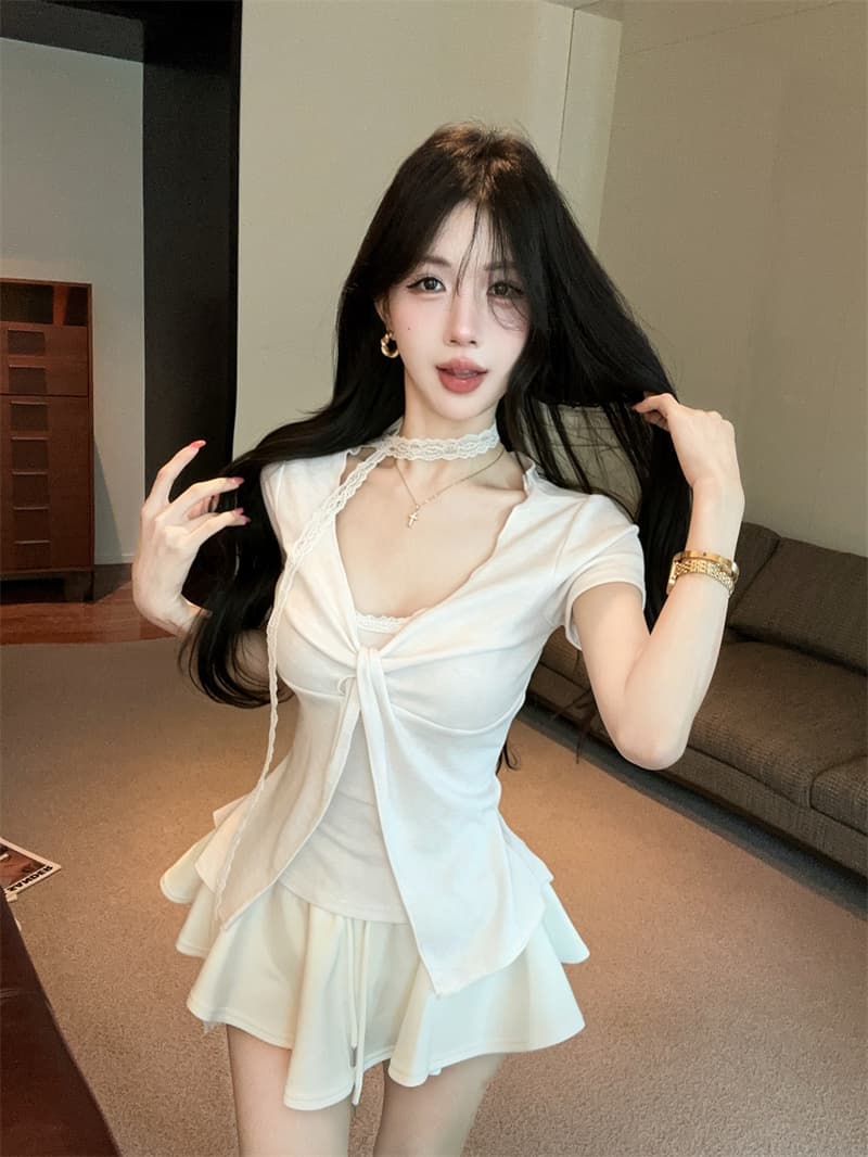 있음 보호 여름 켜기 새로운 순수한 욕망 디자인 비틀림 레이스 페이크 레이어드 반팔 티셔츠 여성 한 첨부 된 의류 리본 상세 이미지 13