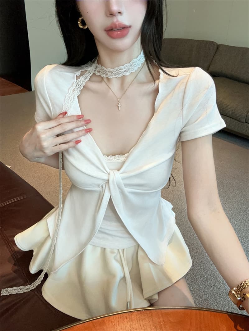 있음 보호 여름 켜기 새로운 순수한 욕망 디자인 비틀림 레이스 페이크 레이어드 반팔 티셔츠 여성 한 첨부 된 의류 리본 상세 이미지 14