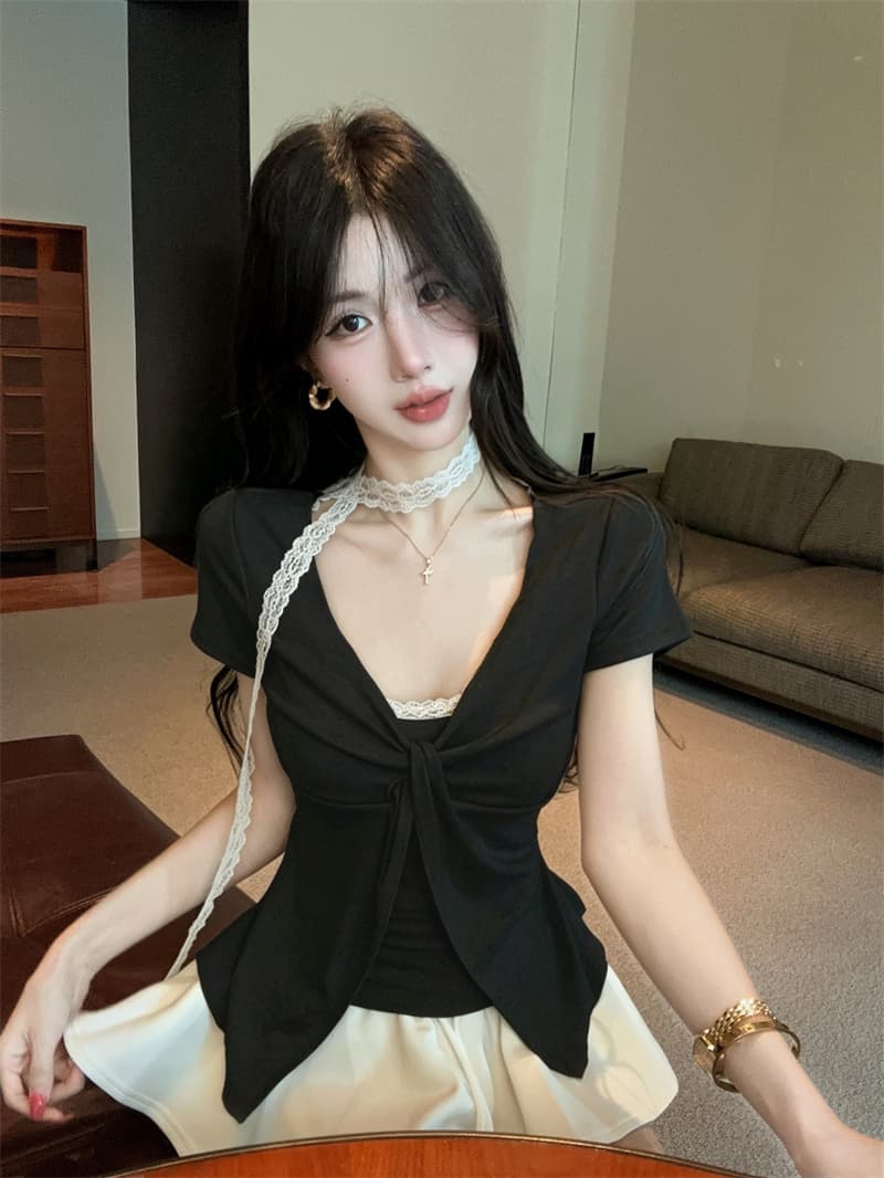 있음 보호 여름 켜기 새로운 순수한 욕망 디자인 비틀림 레이스 페이크 레이어드 반팔 티셔츠 여성 한 첨부 된 의류 리본 상세 이미지 16