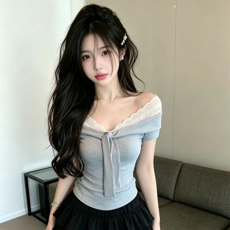 있음 보호 여름 켜기 새로운 달콤한 매운맛 순수한 욕망 바람 레이스 조각 V넥 레이스업 반팔 티셔츠 여성 몸매 가꾸기 맨위 이미지 5