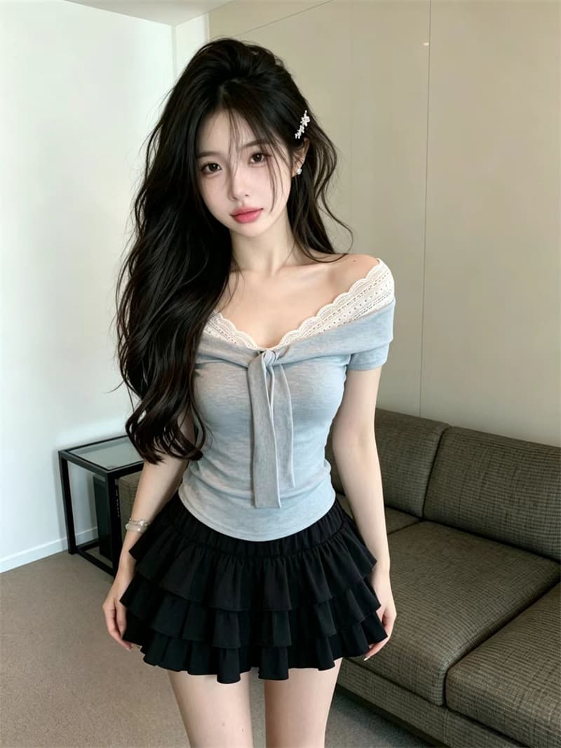 있음 보호 여름 켜기 새로운 달콤한 매운맛 순수한 욕망 바람 레이스 조각 V넥 레이스업 반팔 티셔츠 여성 몸매 가꾸기 맨위
