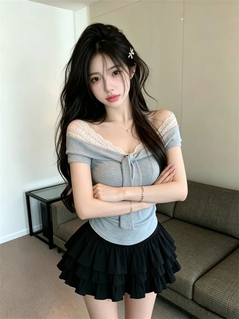 있음 보호 여름 켜기 새로운 달콤한 매운맛 순수한 욕망 바람 레이스 조각 V넥 레이스업 반팔 티셔츠 여성 몸매 가꾸기 맨위 상세 이미지 4