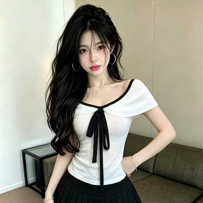 있음 보호 여름 켜기 새로운 부드러운 바람 오프숄더 나비 넥타이 니트 스웨터 여성 연령 감소 오프숄더 맨위 여성 이미지 5