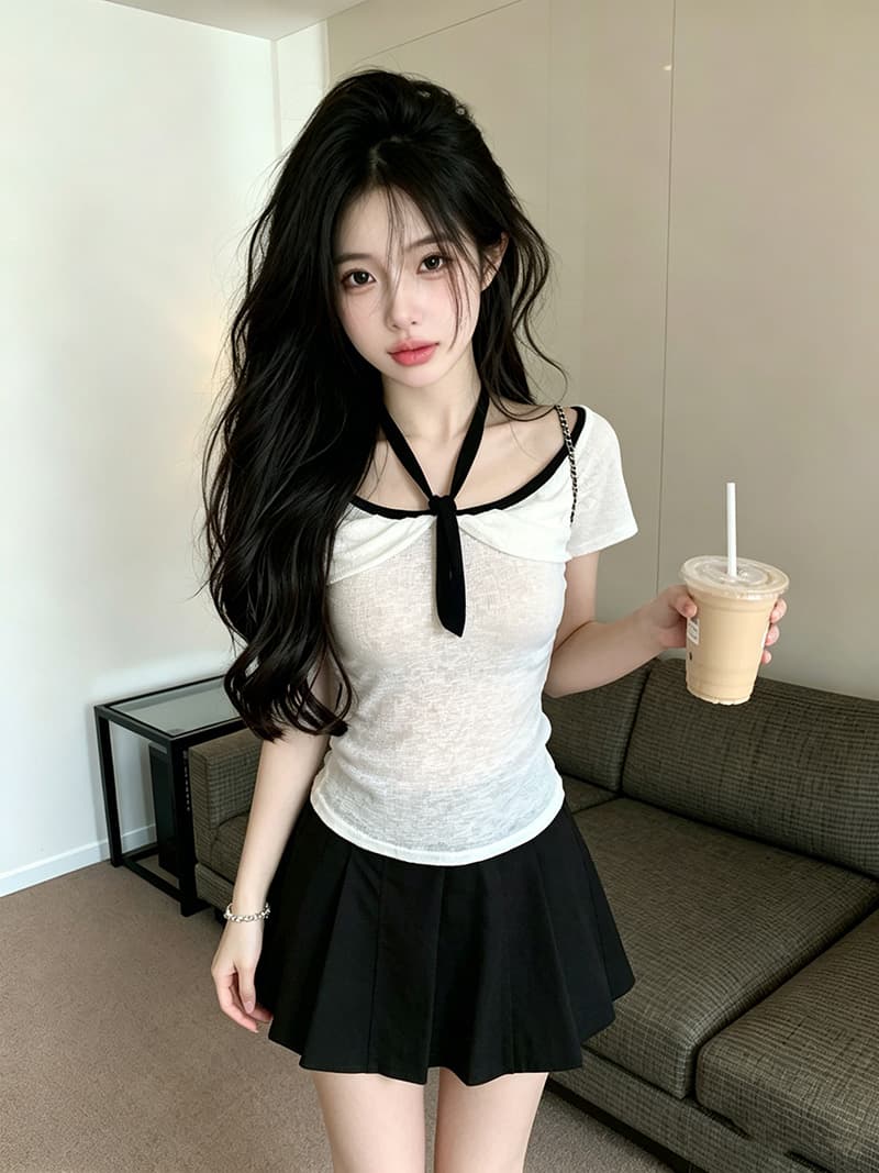 있음 보호 여름 켜기 새로운 부드러운 바람 오프숄더 나비 넥타이 니트 스웨터 여성 연령 감소 오프숄더 맨위 여성 상세 이미지 4