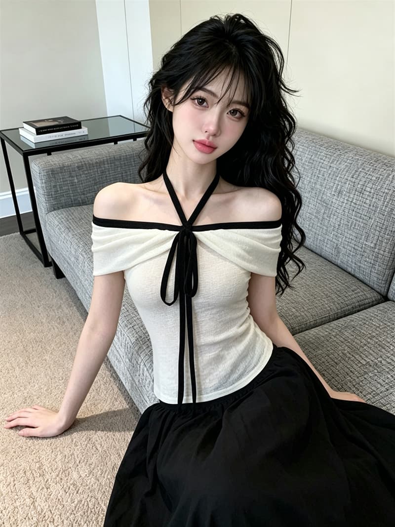 있음 보호 여름 켜기 새로운 부드러운 바람 오프숄더 나비 넥타이 니트 스웨터 여성 연령 감소 오프숄더 맨위 여성 상세 이미지 5