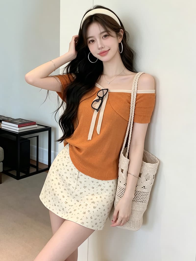 있음 보호 여름 켜기 새로운 부드러운 오프숄더 배색 나비 넥타이 니트 스웨터 여성 연령 감소 오프숄더 맨위 이미지 4