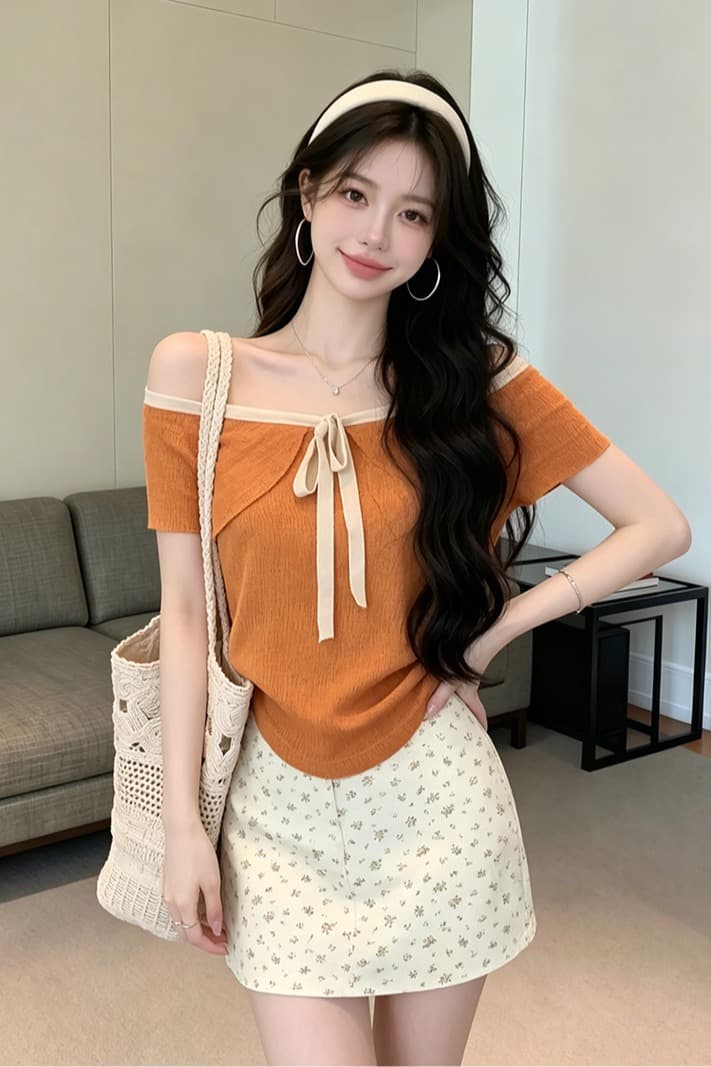 있음 보호 여름 켜기 새로운 부드러운 오프숄더 배색 나비 넥타이 니트 스웨터 여성 연령 감소 오프숄더 맨위 이미지 6