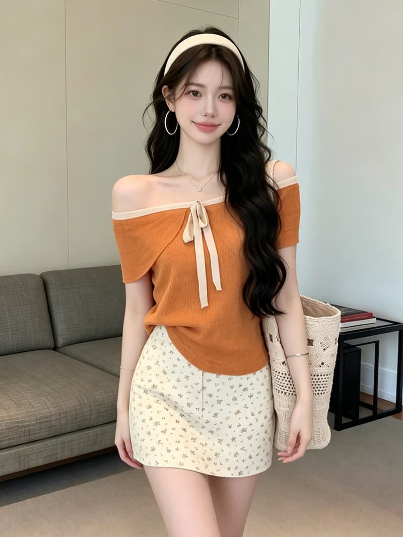 있음 보호 여름 켜기 새로운 부드러운 오프숄더 배색 나비 넥타이 니트 스웨터 여성 연령 감소 오프숄더 맨위 상세 이미지 2