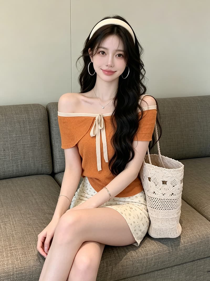 있음 보호 여름 켜기 새로운 부드러운 오프숄더 배색 나비 넥타이 니트 스웨터 여성 연령 감소 오프숄더 맨위 상세 이미지 8