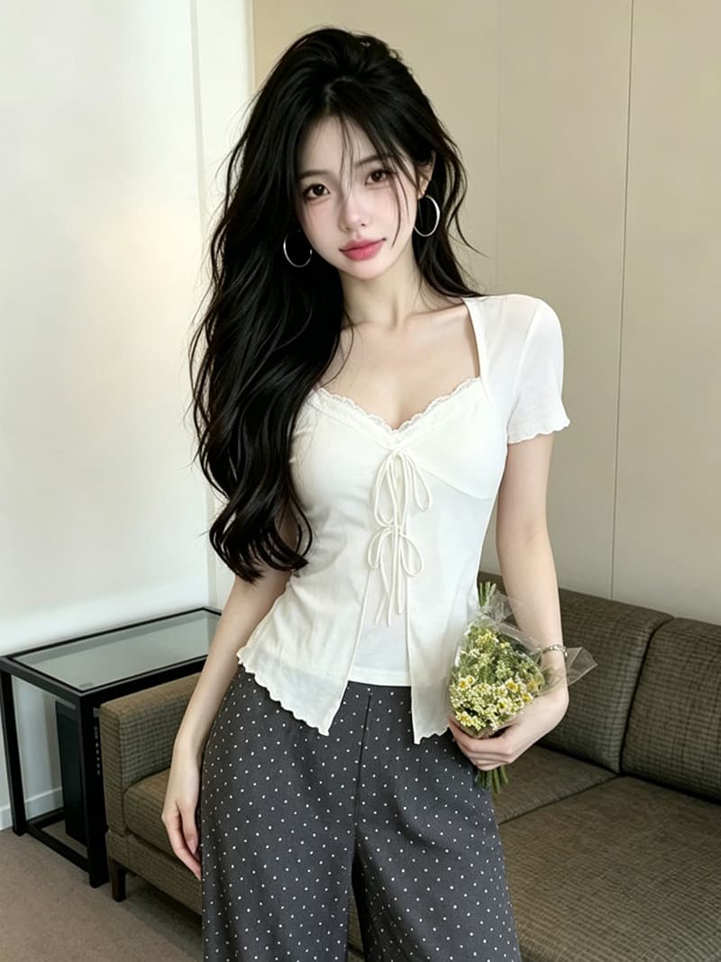 있음 보호 여름 켜기 새로운 자이언트 부드러운 한 부서 페이크 레이어드 레이스 조각 V넥 반팔 티셔츠 여성 레이스업 맨위 이미지 4