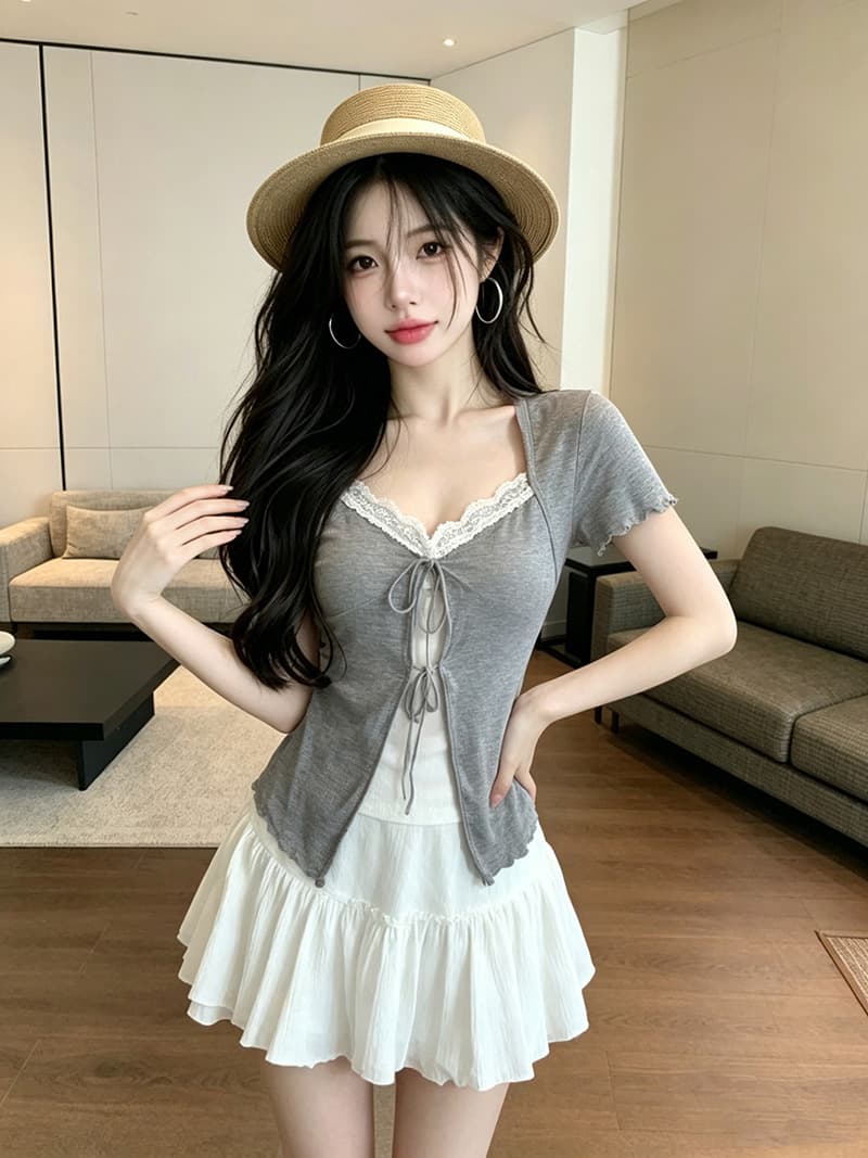 있음 보호 여름 켜기 새로운 자이언트 부드러운 한 부서 페이크 레이어드 레이스 조각 V넥 반팔 티셔츠 여성 레이스업 맨위 상세 이미지 1