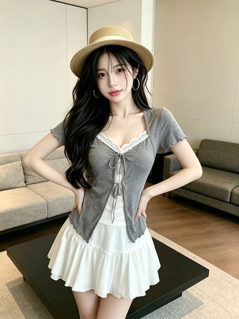 있음 보호 여름 켜기 새로운 자이언트 부드러운 한 부서 페이크 레이어드 레이스 조각 V넥 반팔 티셔츠 여성 레이스업 맨위 상세 이미지 4