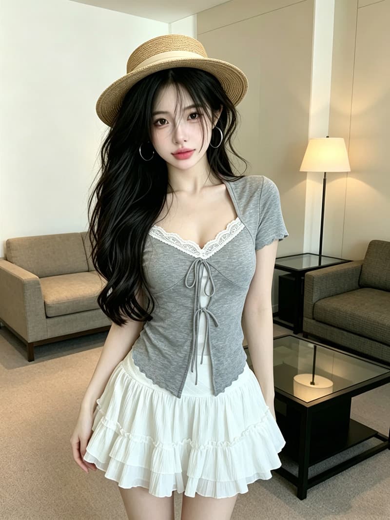 있음 보호 여름 켜기 새로운 자이언트 부드러운 한 부서 페이크 레이어드 레이스 조각 V넥 반팔 티셔츠 여성 레이스업 맨위 상세 이미지 5