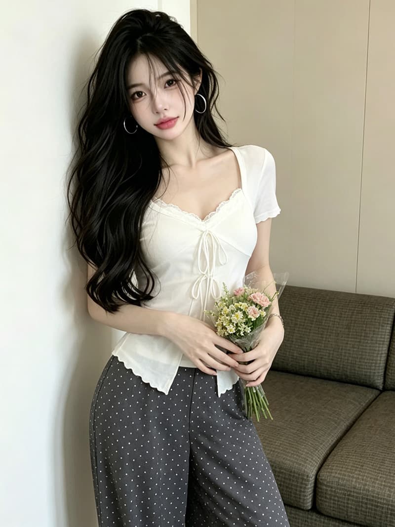 있음 보호 여름 켜기 새로운 자이언트 부드러운 한 부서 페이크 레이어드 레이스 조각 V넥 반팔 티셔츠 여성 레이스업 맨위 상세 이미지 7