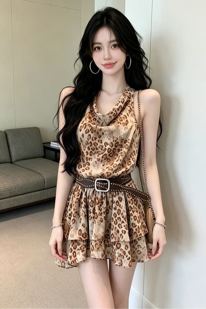 있음 보호 여름 켜기 새로운 핫걸 바람 로얄 자매 디자인 센스 흔들다 칼라 민소매 쉬폰 레오파드 무늬 여성 드레스 벨트 이미지 6