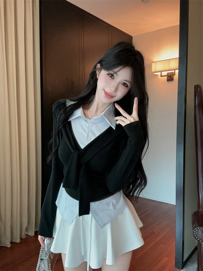 실사 가을 켜기 새로운 높음 지혜 센스 패션 페이크 레이어드 숄 긴팔 패치워크 여성 셔츠 학원 스타일 티셔츠 맨위 이미지 3