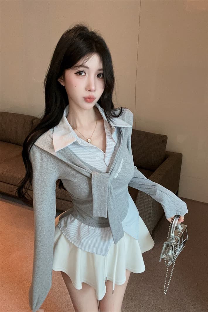 실사 가을 켜기 새로운 높음 지혜 센스 패션 페이크 레이어드 숄 긴팔 패치워크 여성 셔츠 학원 스타일 티셔츠 맨위 이미지 6