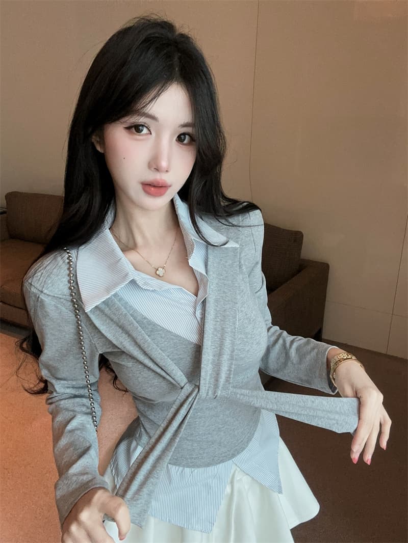 실사 가을 켜기 새로운 높음 지혜 센스 패션 페이크 레이어드 숄 긴팔 패치워크 여성 셔츠 학원 스타일 티셔츠 맨위 상세 이미지 1