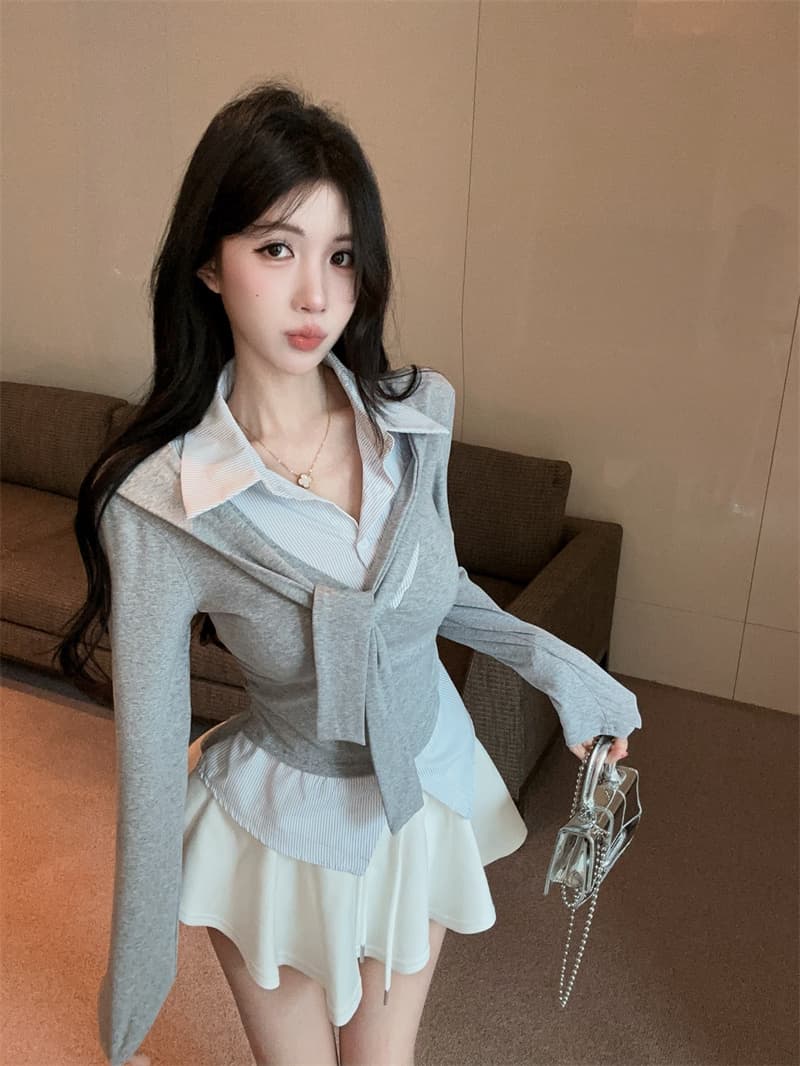 실사 가을 켜기 새로운 높음 지혜 센스 패션 페이크 레이어드 숄 긴팔 패치워크 여성 셔츠 학원 스타일 티셔츠 맨위 상세 이미지 12
