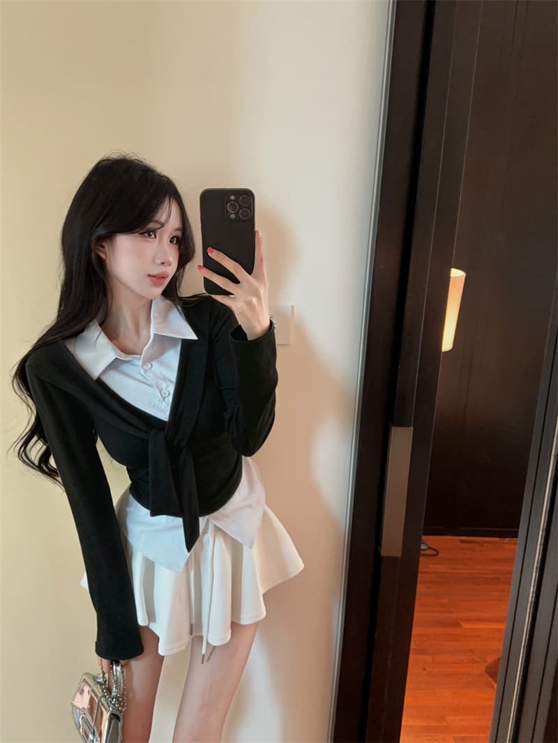 실사 가을 켜기 새로운 높음 지혜 센스 패션 페이크 레이어드 숄 긴팔 패치워크 여성 셔츠 학원 스타일 티셔츠 맨위 상세 이미지 17