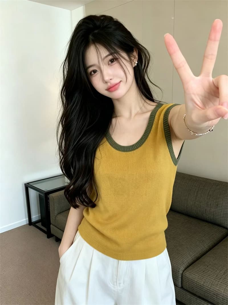 있음 보호 여름 켜기 새로운 배색 패치워크 홀로우 아웃 뒤로 민소매 니트 스웨터 여성 고급 센스 인사이드 잡아라. 의류 여성 상세 이미지 5