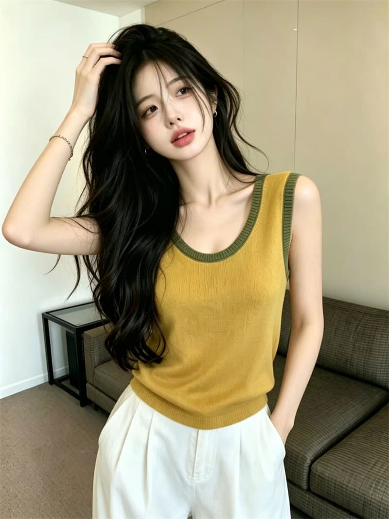 있음 보호 여름 켜기 새로운 배색 패치워크 홀로우 아웃 뒤로 민소매 니트 스웨터 여성 고급 센스 인사이드 잡아라. 의류 여성 상세 이미지 6