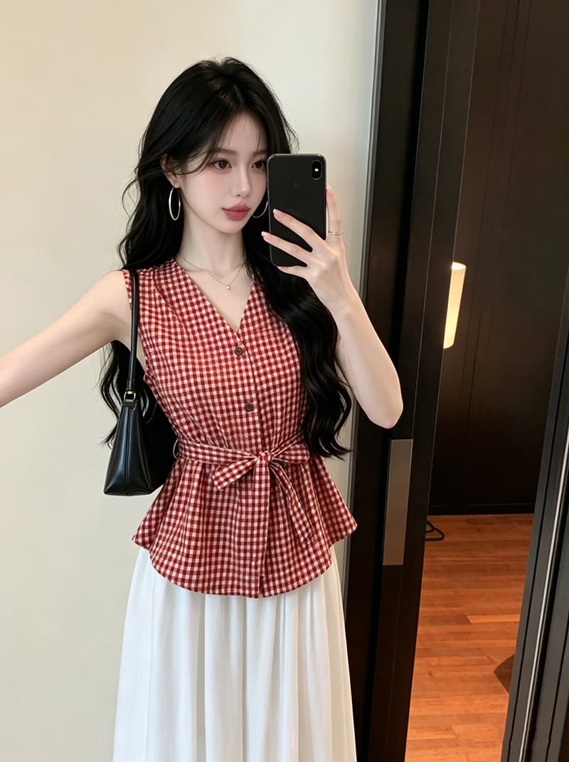 있음 보호 여름 켜기 새로운 한 부서 V넥 체크무늬 레이스업 허리 수축 민소매 셔츠 여성 셔츠 품격 작은 셔츠 상세 이미지 3