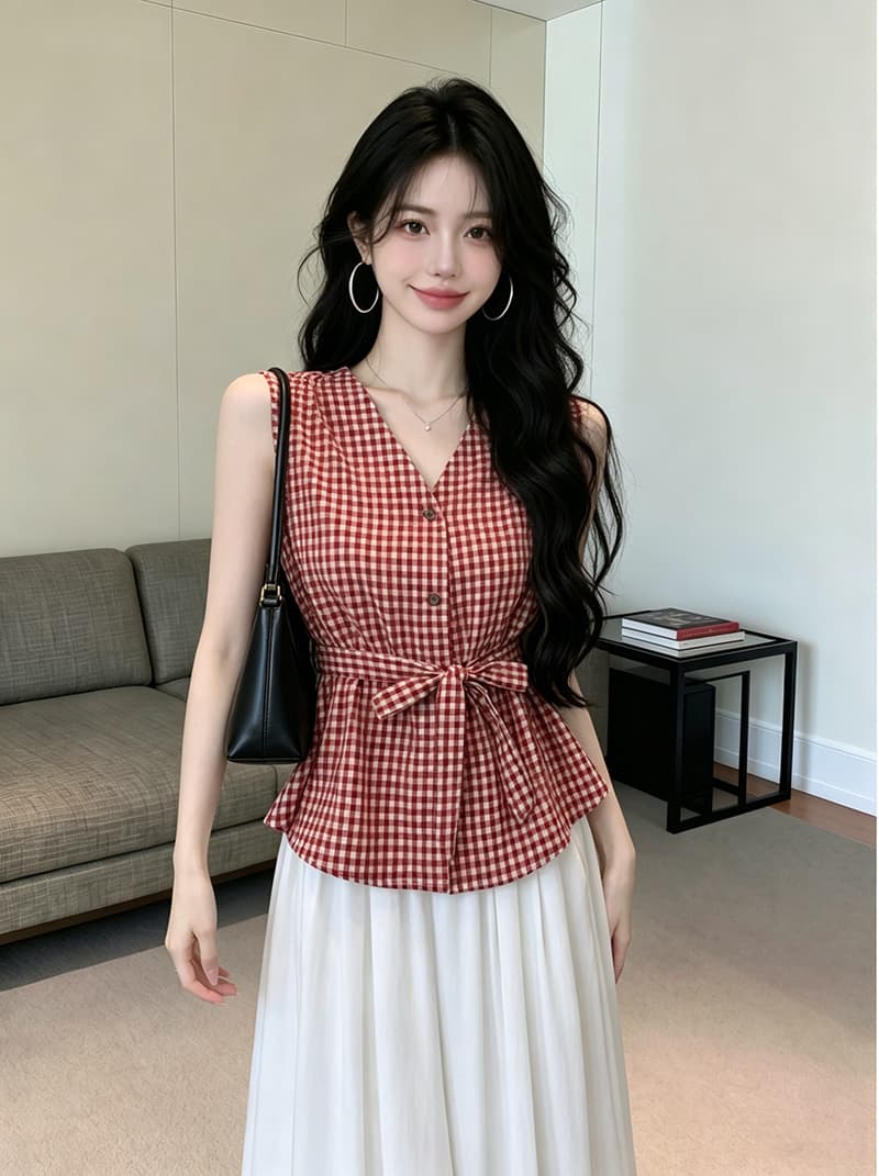 있음 보호 여름 켜기 새로운 한 부서 V넥 체크무늬 레이스업 허리 수축 민소매 셔츠 여성 셔츠 품격 작은 셔츠 상세 이미지 6