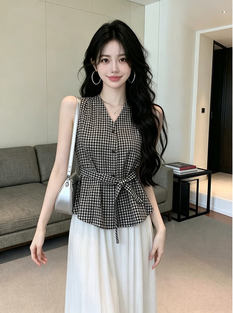 있음 보호 여름 켜기 새로운 한 부서 V넥 체크무늬 레이스업 허리 수축 민소매 셔츠 여성 셔츠 품격 작은 셔츠 상세 이미지 10