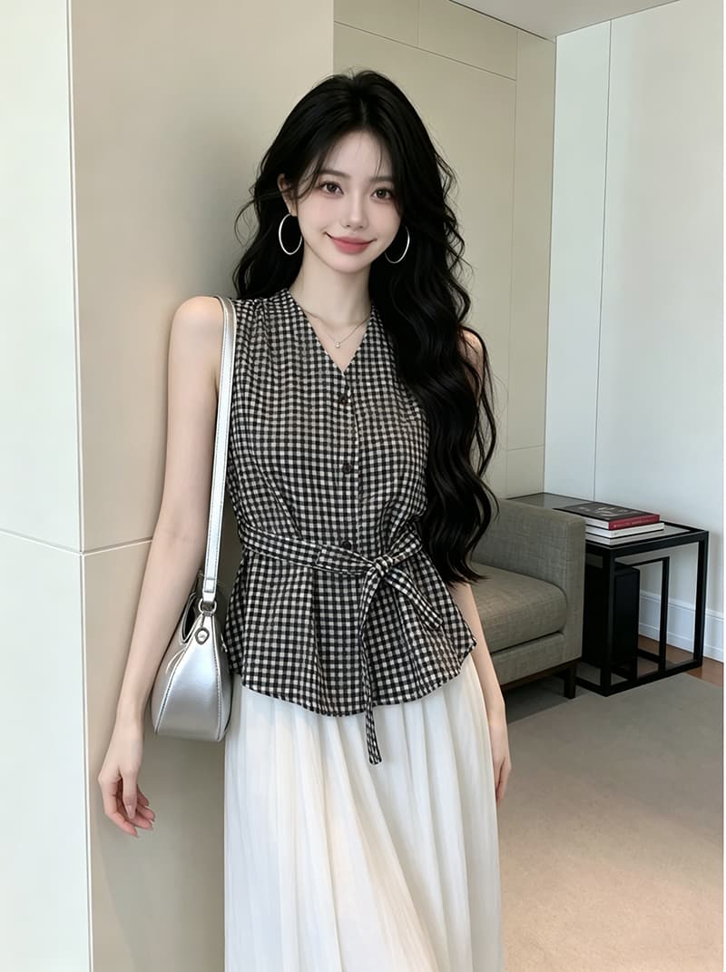 있음 보호 여름 켜기 새로운 한 부서 V넥 체크무늬 레이스업 허리 수축 민소매 셔츠 여성 셔츠 품격 작은 셔츠 상세 이미지 12