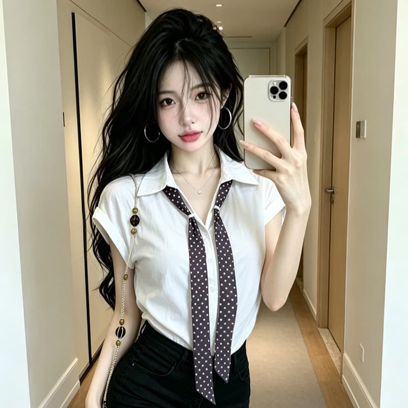 있음 보호 여름 켜기 새로운 한 부서 루즈핏 미니멀리즘 슬림해 보이는 단색 폴로 칼라 민소매 여성 셔츠 도트 무늬 스카프 이미지 5