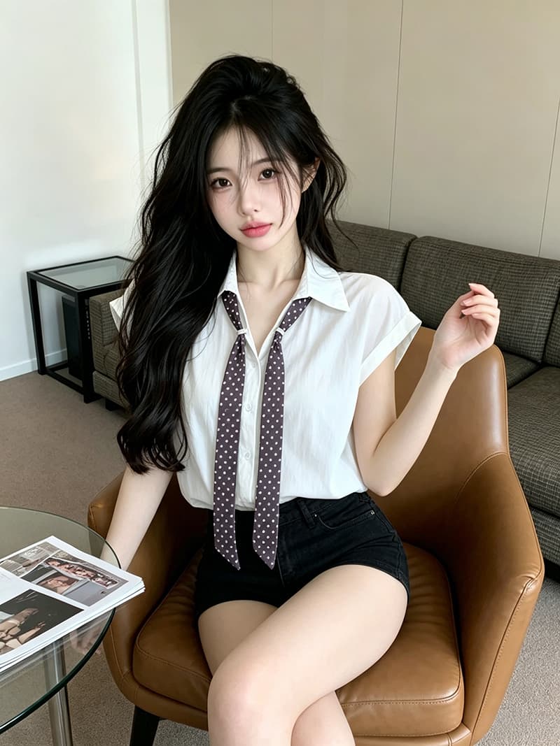 있음 보호 여름 켜기 새로운 한 부서 루즈핏 미니멀리즘 슬림해 보이는 단색 폴로 칼라 민소매 여성 셔츠 도트 무늬 스카프 상세 이미지 4