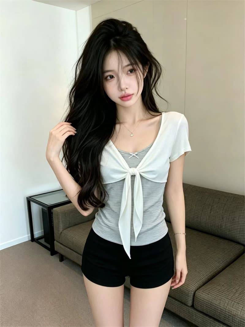 있음 보호 여름 켜기 새로운 한 부서 품격 페이크 레이어드 스트라이프 패치워크 맨위 여성 슬림해 보이는 반팔 티셔츠 여성 작은 셔츠 상세 이미지 3