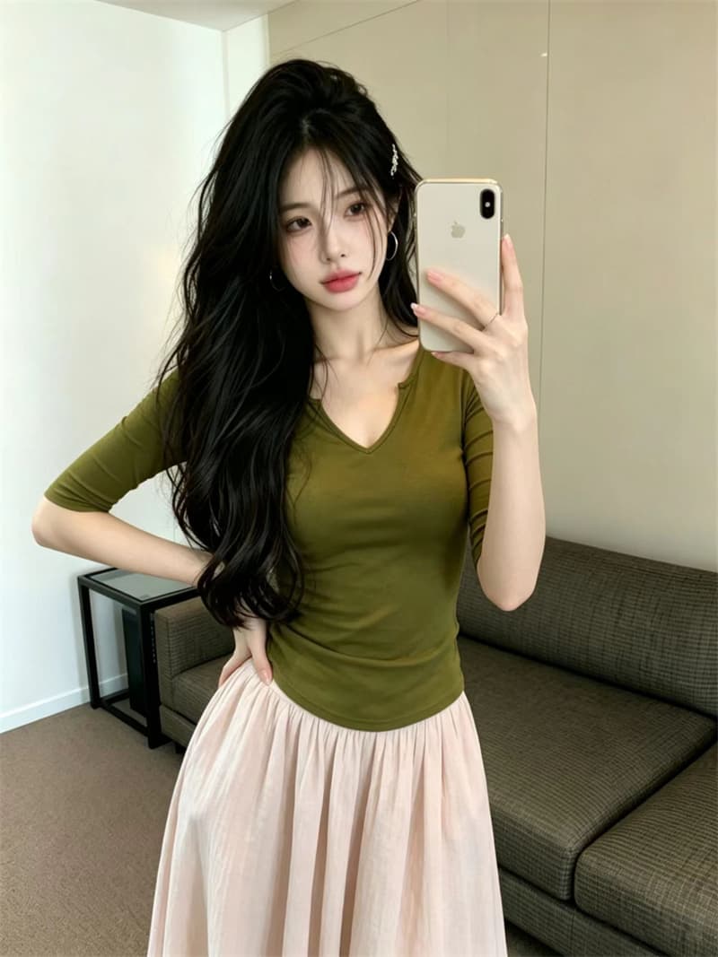 있음 보호 여름 Chic 작은 v 가위 칼라 디자인 중간 소매 티셔츠 여성 가을 인사이드 가져 가라. 자이언트 슬림해 보이는 기본 셔츠 여성