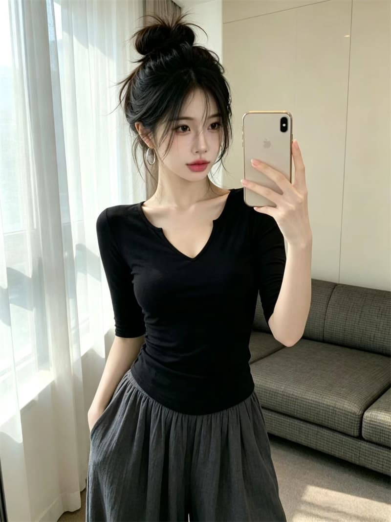 있음 보호 여름 Chic 작은 v 가위 칼라 디자인 중간 소매 티셔츠 여성 가을 인사이드 가져 가라. 자이언트 슬림해 보이는 기본 셔츠 여성 이미지 4