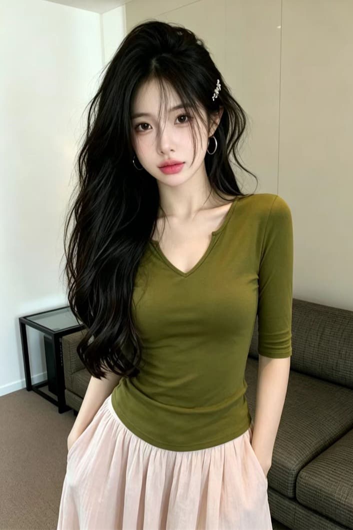 있음 보호 여름 Chic 작은 v 가위 칼라 디자인 중간 소매 티셔츠 여성 가을 인사이드 가져 가라. 자이언트 슬림해 보이는 기본 셔츠 여성 이미지 6