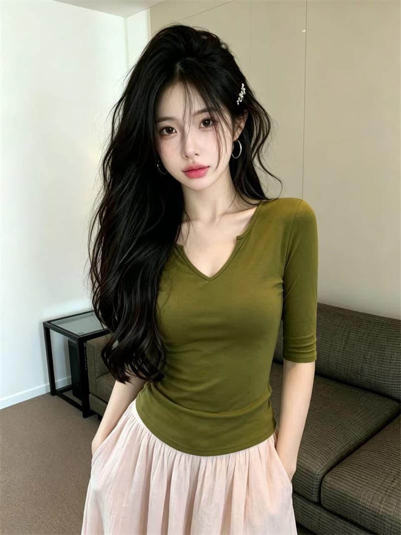 있음 보호 여름 Chic 작은 v 가위 칼라 디자인 중간 소매 티셔츠 여성 가을 인사이드 가져 가라. 자이언트 슬림해 보이는 기본 셔츠 여성 상세 이미지 1