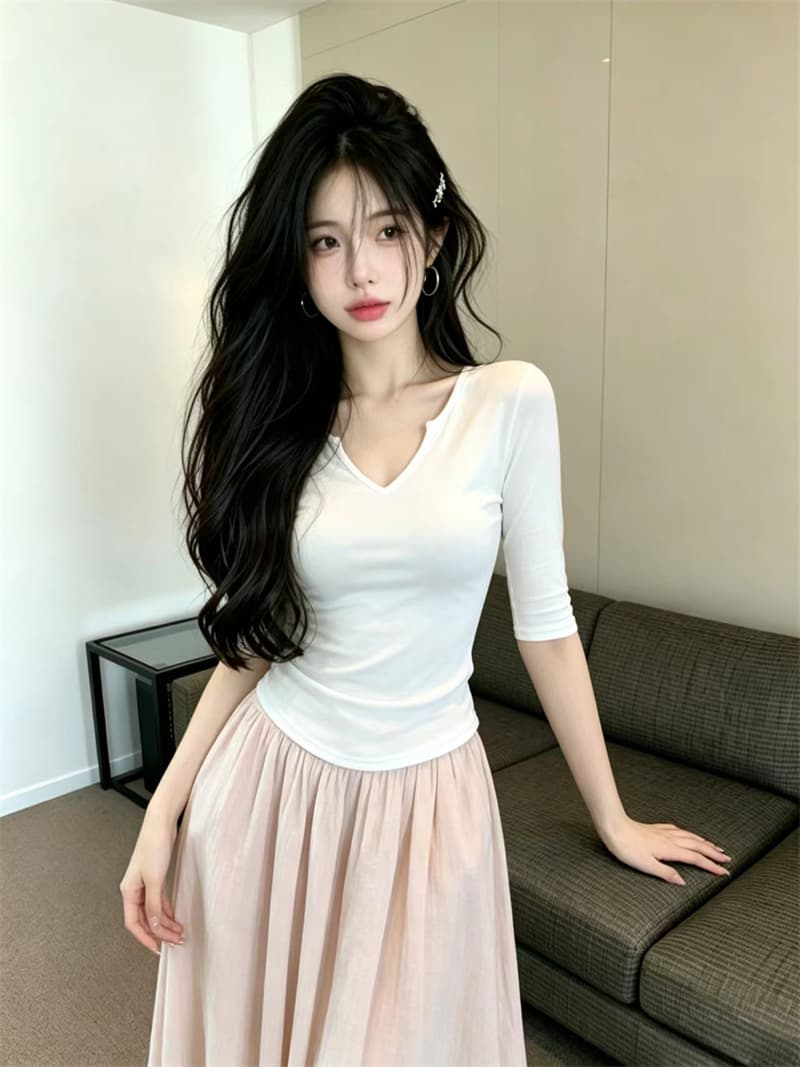 있음 보호 여름 Chic 작은 v 가위 칼라 디자인 중간 소매 티셔츠 여성 가을 인사이드 가져 가라. 자이언트 슬림해 보이는 기본 셔츠 여성 상세 이미지 4