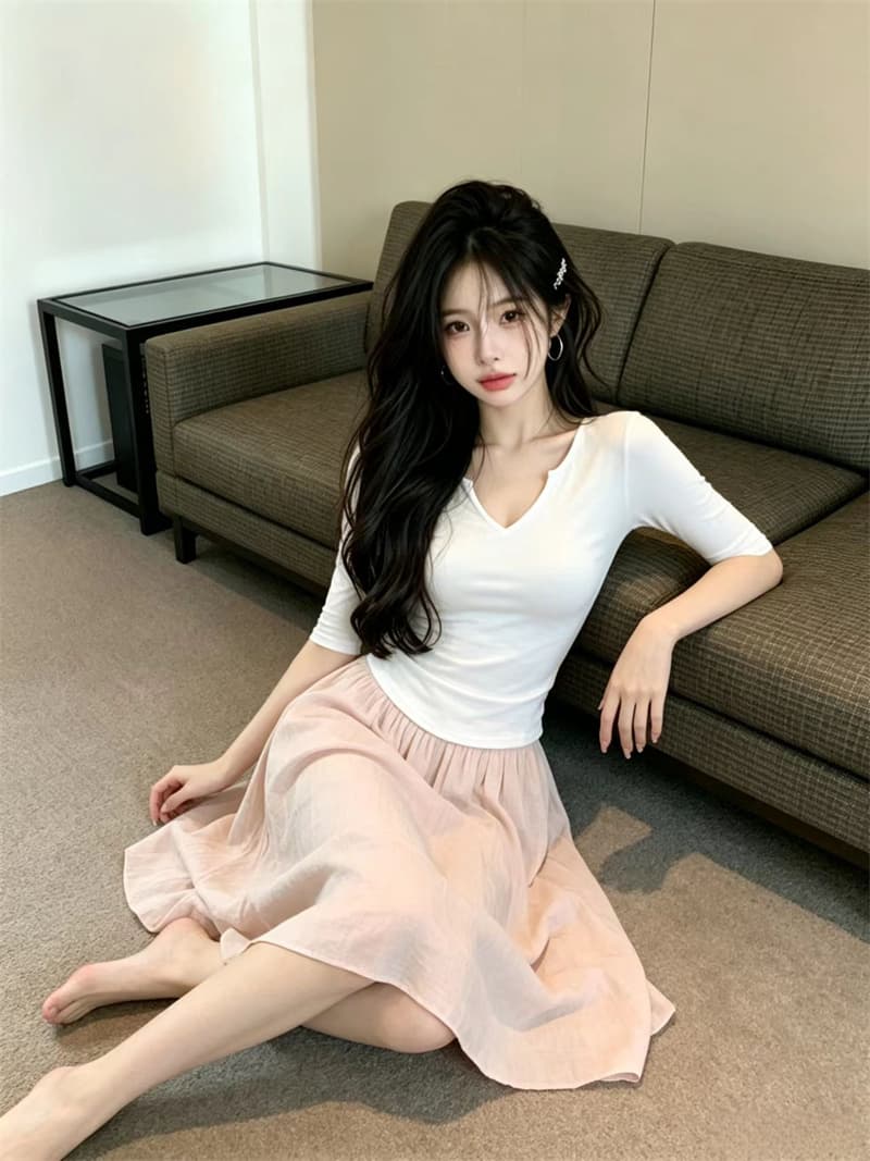 있음 보호 여름 Chic 작은 v 가위 칼라 디자인 중간 소매 티셔츠 여성 가을 인사이드 가져 가라. 자이언트 슬림해 보이는 기본 셔츠 여성 상세 이미지 5