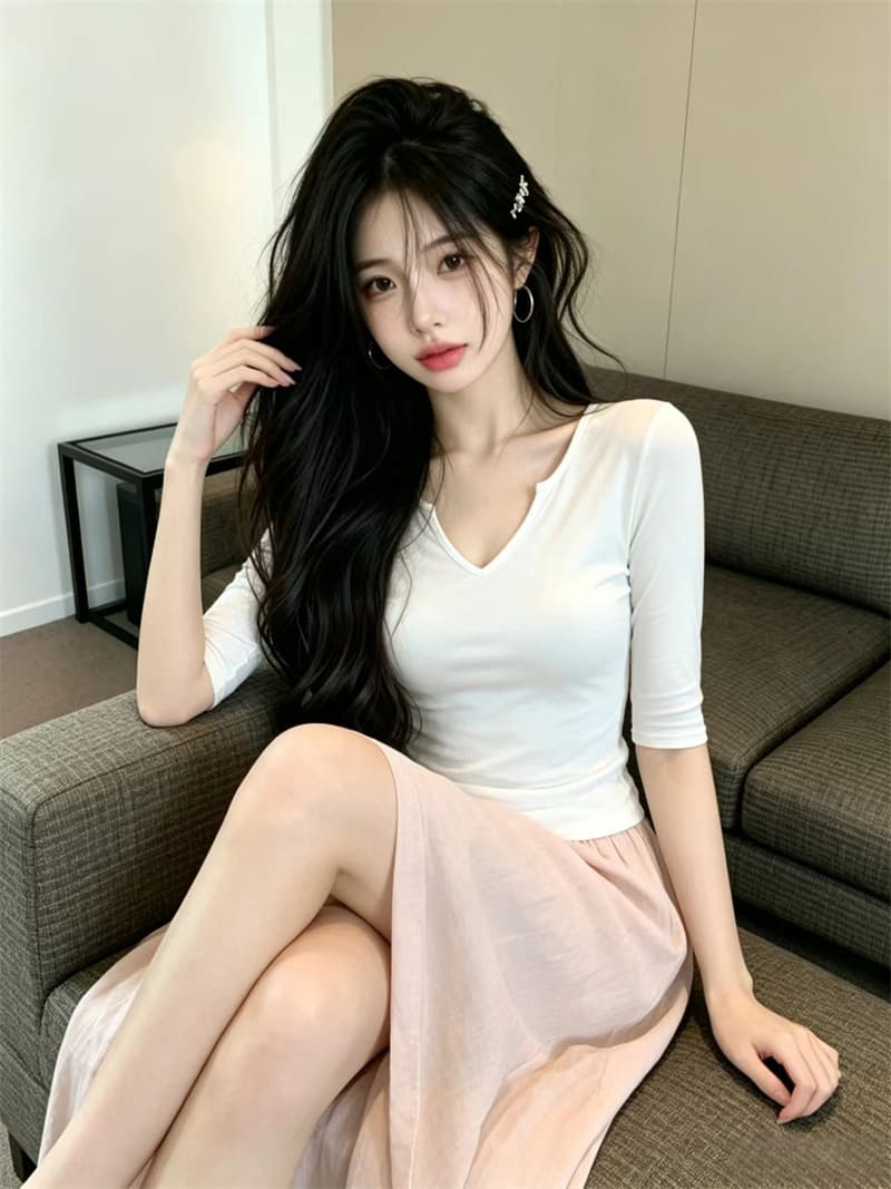 있음 보호 여름 Chic 작은 v 가위 칼라 디자인 중간 소매 티셔츠 여성 가을 인사이드 가져 가라. 자이언트 슬림해 보이는 기본 셔츠 여성 상세 이미지 6