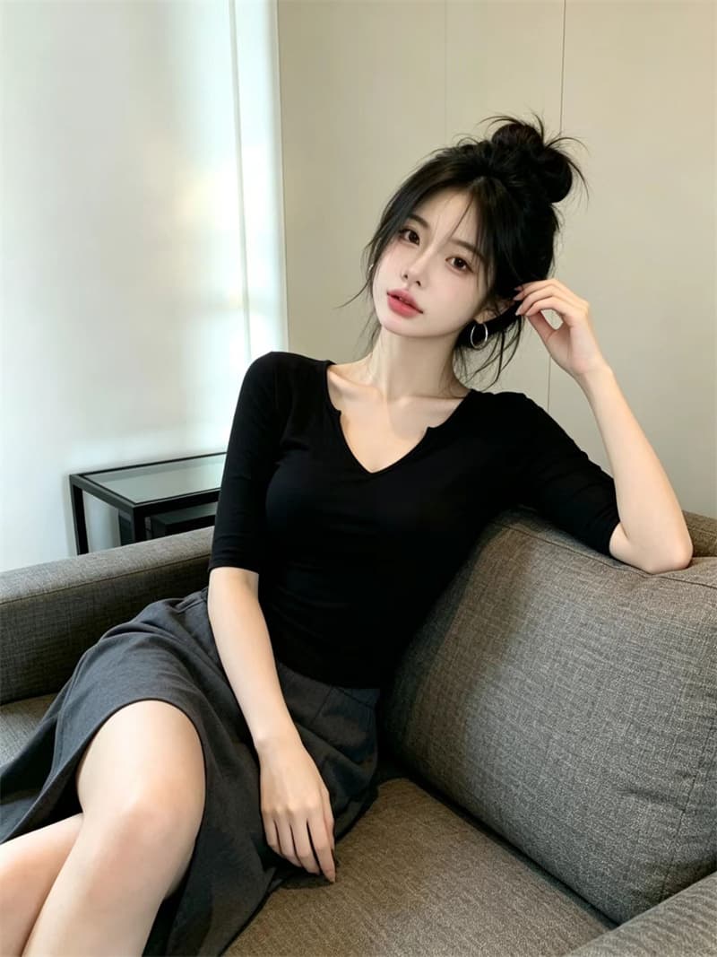 있음 보호 여름 Chic 작은 v 가위 칼라 디자인 중간 소매 티셔츠 여성 가을 인사이드 가져 가라. 자이언트 슬림해 보이는 기본 셔츠 여성 상세 이미지 11