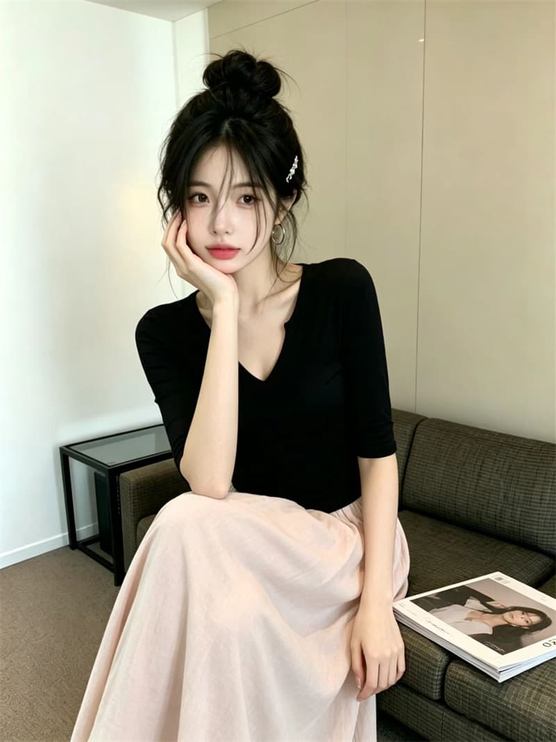 있음 보호 여름 Chic 작은 v 가위 칼라 디자인 중간 소매 티셔츠 여성 가을 인사이드 가져 가라. 자이언트 슬림해 보이는 기본 셔츠 여성 상세 이미지 12