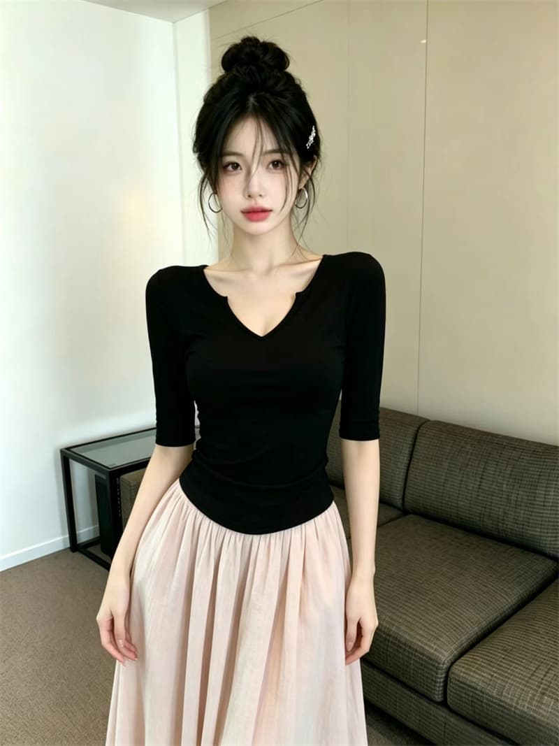 있음 보호 여름 Chic 작은 v 가위 칼라 디자인 중간 소매 티셔츠 여성 가을 인사이드 가져 가라. 자이언트 슬림해 보이는 기본 셔츠 여성 상세 이미지 13