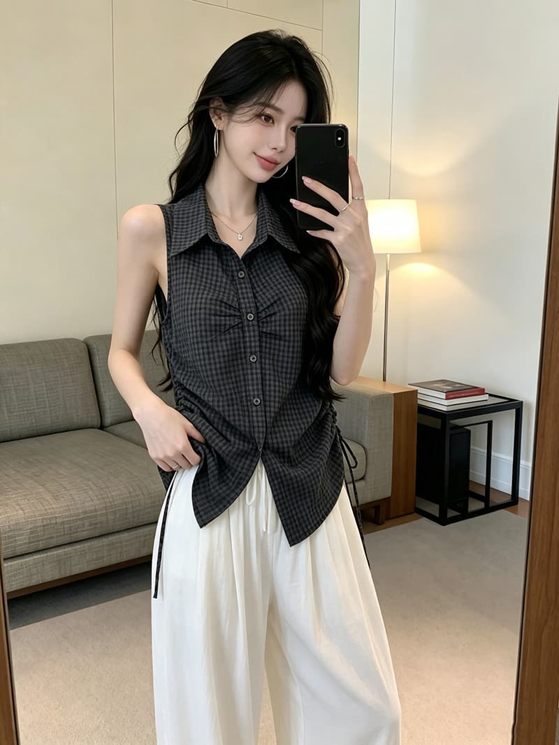 있음 보호 여름 켜기 새로운 측면 펌프 로프 폴로 칼라 민소매 체크무늬 여성 셔츠 슬림해 보이는 한 부서 품격 맨위 작은 셔츠