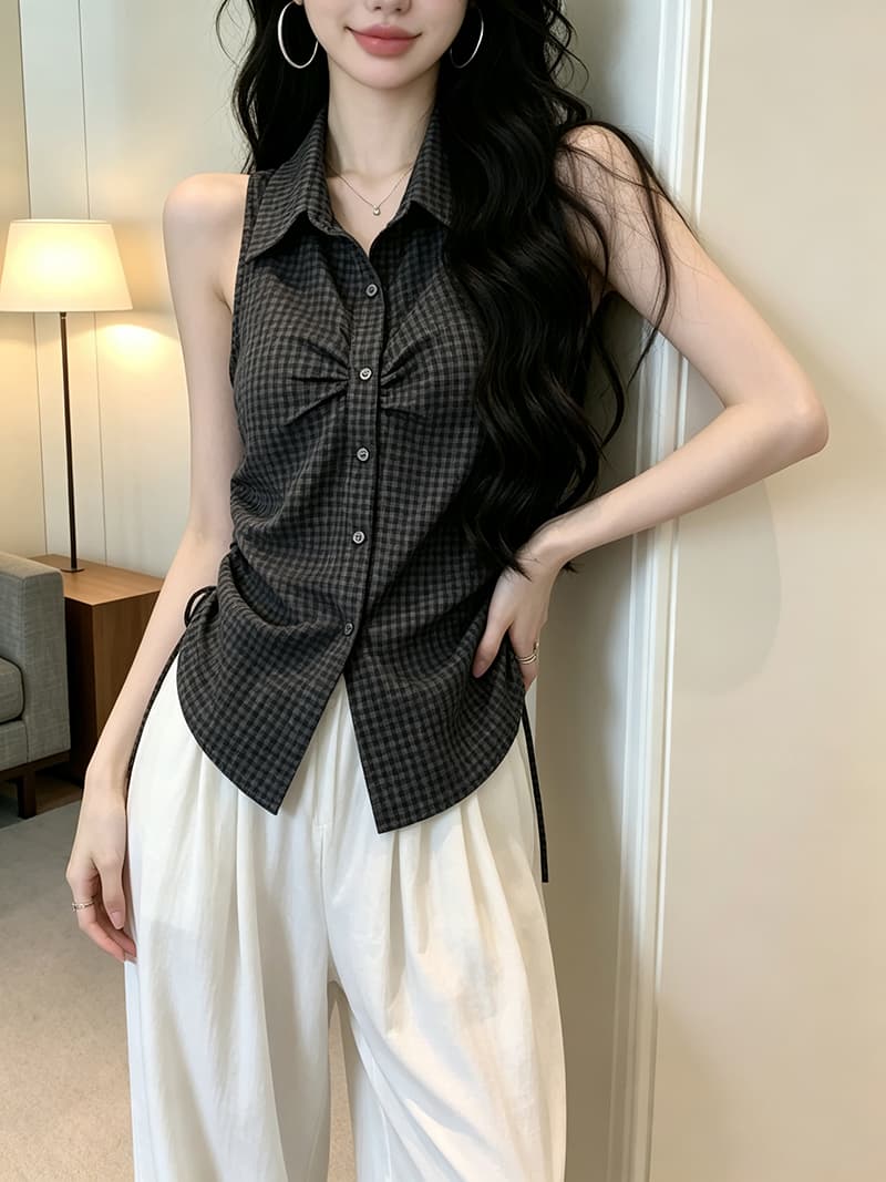 있음 보호 여름 켜기 새로운 측면 펌프 로프 폴로 칼라 민소매 체크무늬 여성 셔츠 슬림해 보이는 한 부서 품격 맨위 작은 셔츠 이미지 2