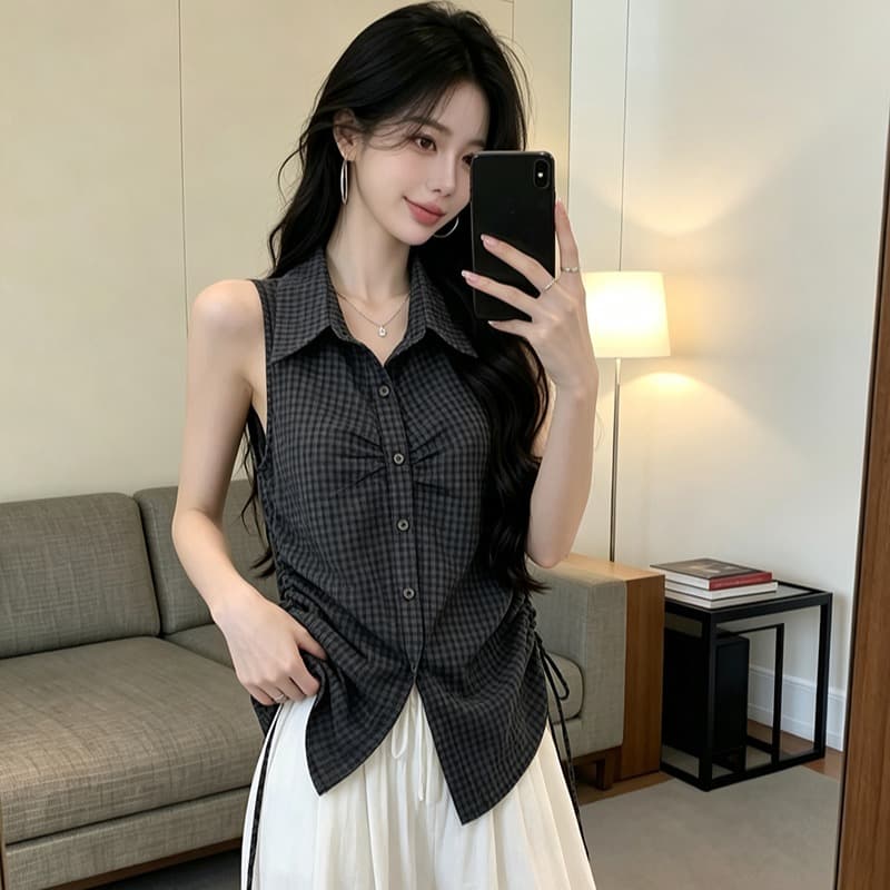 있음 보호 여름 켜기 새로운 측면 펌프 로프 폴로 칼라 민소매 체크무늬 여성 셔츠 슬림해 보이는 한 부서 품격 맨위 작은 셔츠 이미지 5