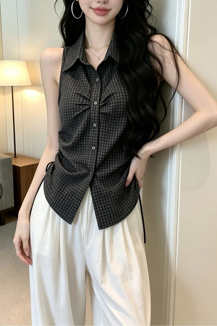 있음 보호 여름 켜기 새로운 측면 펌프 로프 폴로 칼라 민소매 체크무늬 여성 셔츠 슬림해 보이는 한 부서 품격 맨위 작은 셔츠 이미지 6