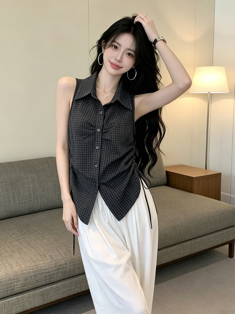 있음 보호 여름 켜기 새로운 측면 펌프 로프 폴로 칼라 민소매 체크무늬 여성 셔츠 슬림해 보이는 한 부서 품격 맨위 작은 셔츠 상세 이미지 1