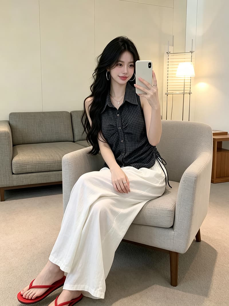 있음 보호 여름 켜기 새로운 측면 펌프 로프 폴로 칼라 민소매 체크무늬 여성 셔츠 슬림해 보이는 한 부서 품격 맨위 작은 셔츠 상세 이미지 2
